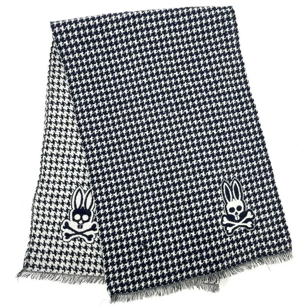 Psycho Bunny Scarf Navy Houndstooth Check Wool Italy Made 70